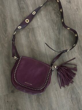 Michael Kors Plum Leather Crossbody with Grommet Strap and Tassel